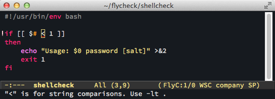 Screenshot of emacs showing inlined shellcheck feedback