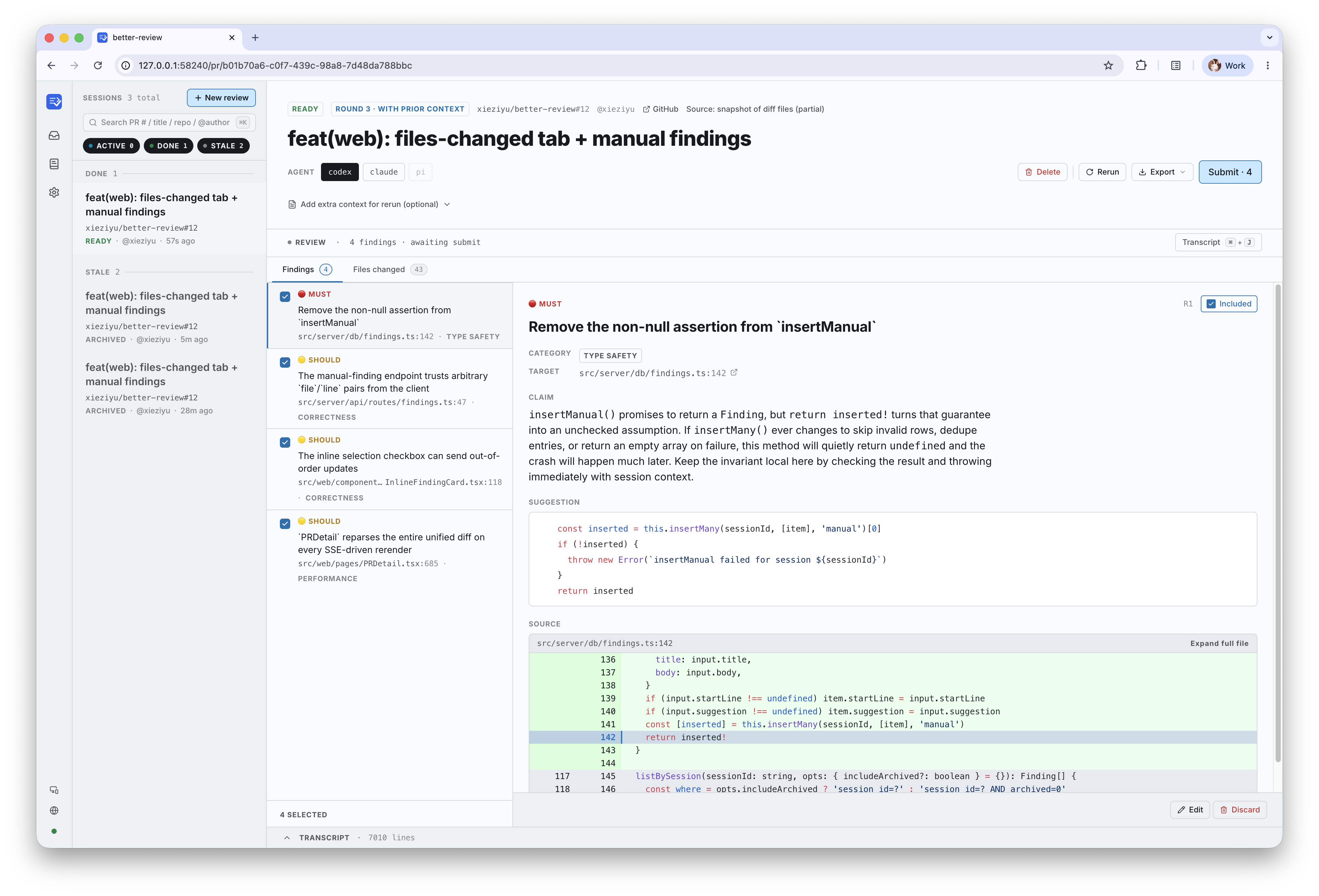 better-review overview — files-changed tab with inline findings