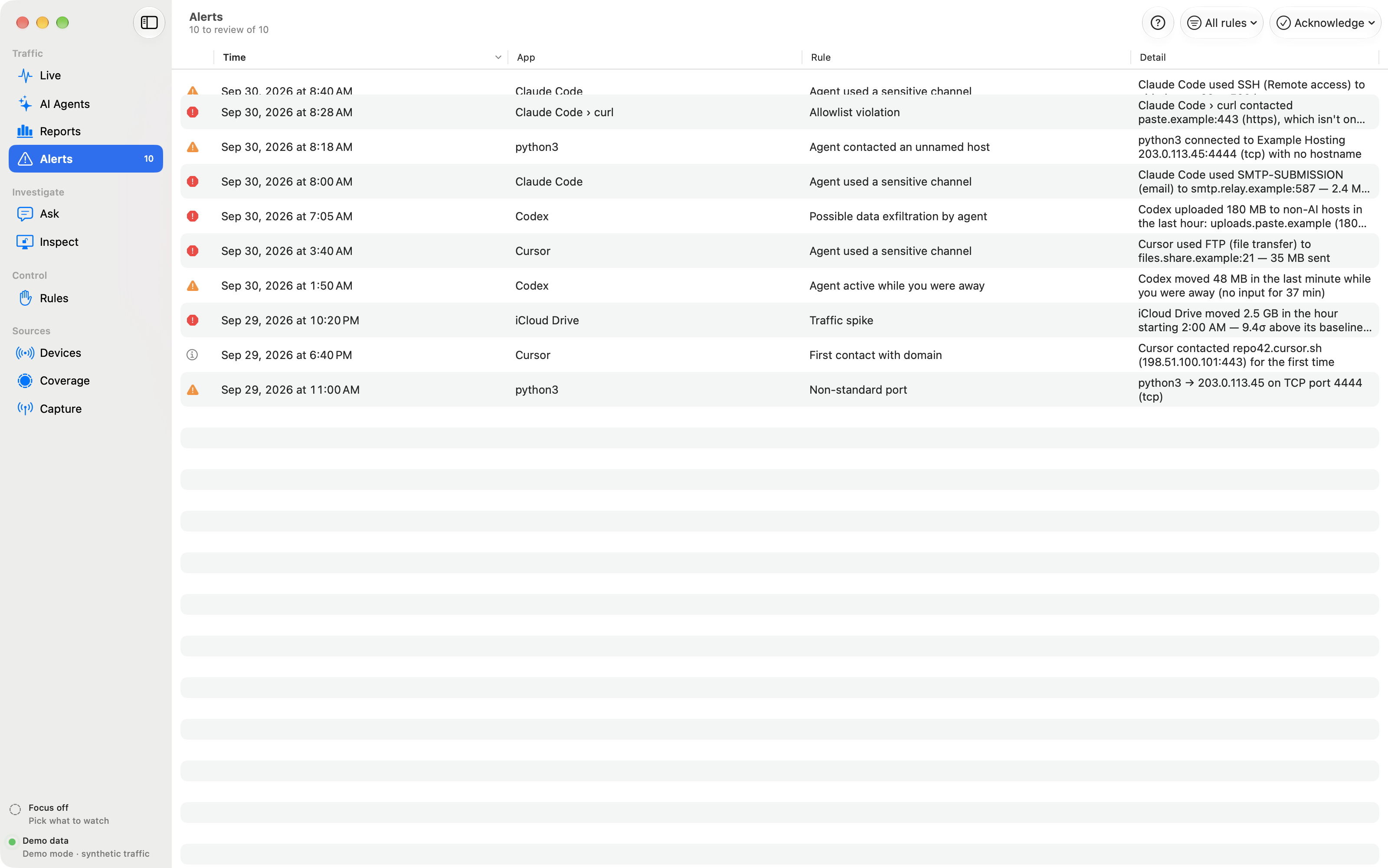 Alerts view listing agent exfiltration, SMTP, FTP and traffic spike alerts
