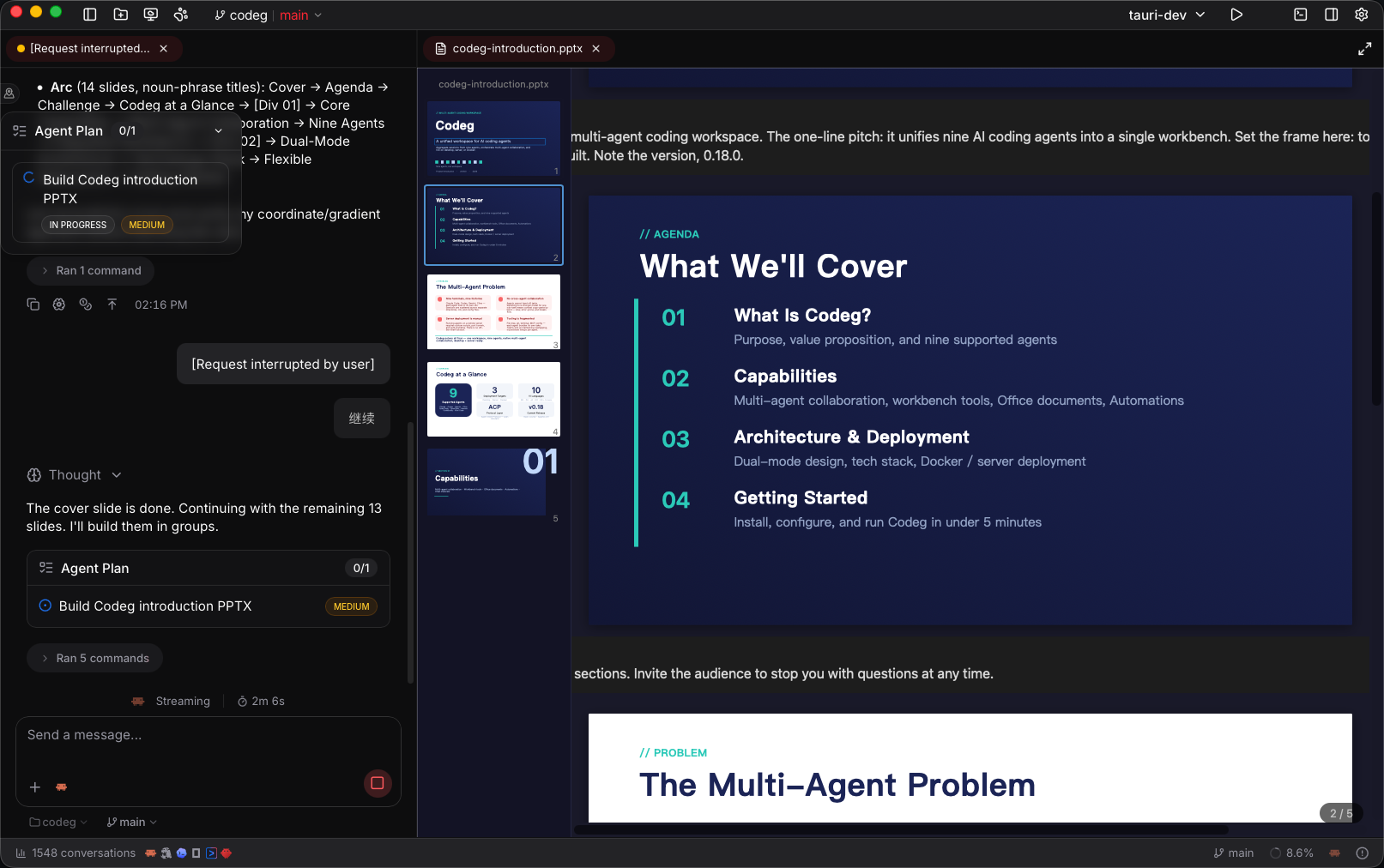 An agent editing an Office document beside its live in-tab preview