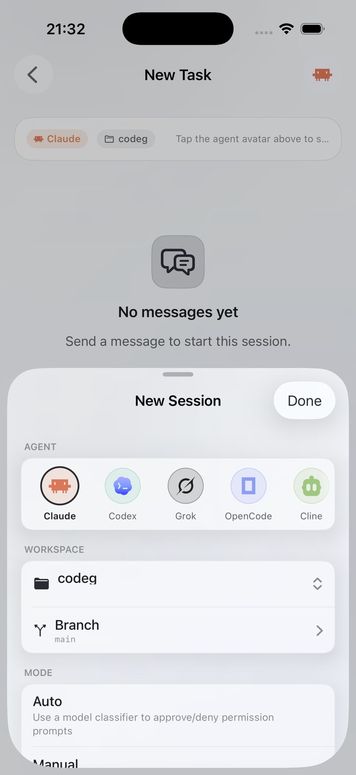 Starting a session from the Codeg iOS client
