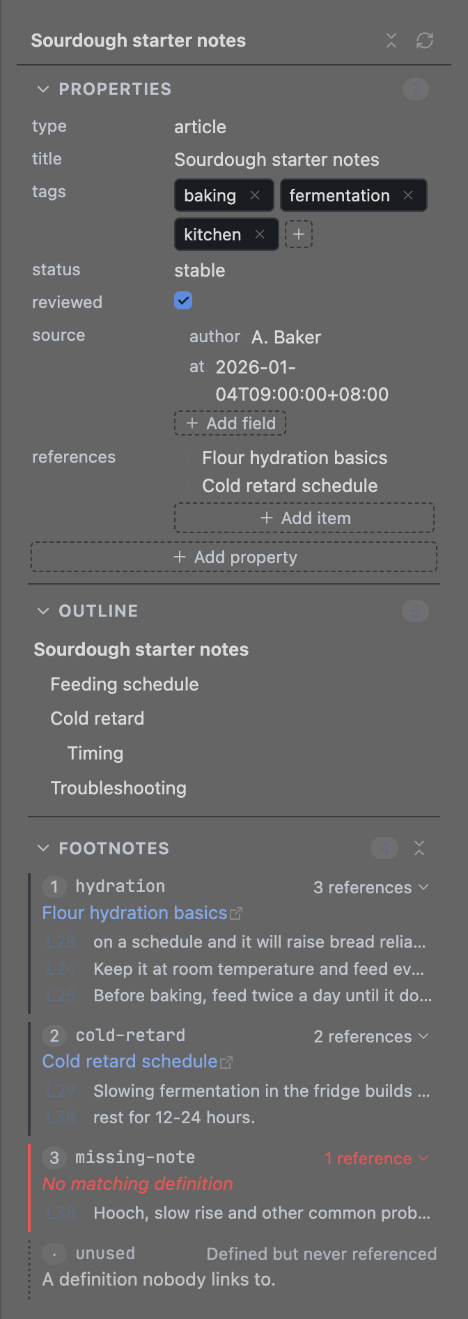 The Note Inspector panel showing properties, outline and footnotes