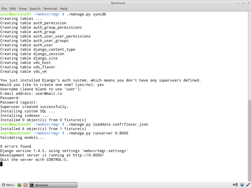 Manage runserver. WEBVIRTMGR. Django Table auth_user. User Creation codes Django. Oracle Linux Virtualization Manager.