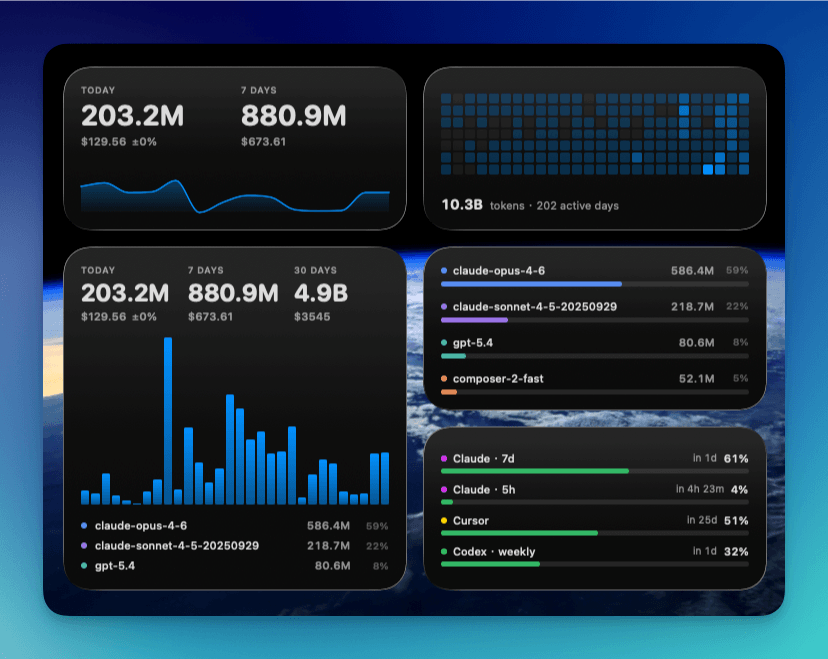 TokenTracker desktop widgets for usage, heatmap, models, and limits