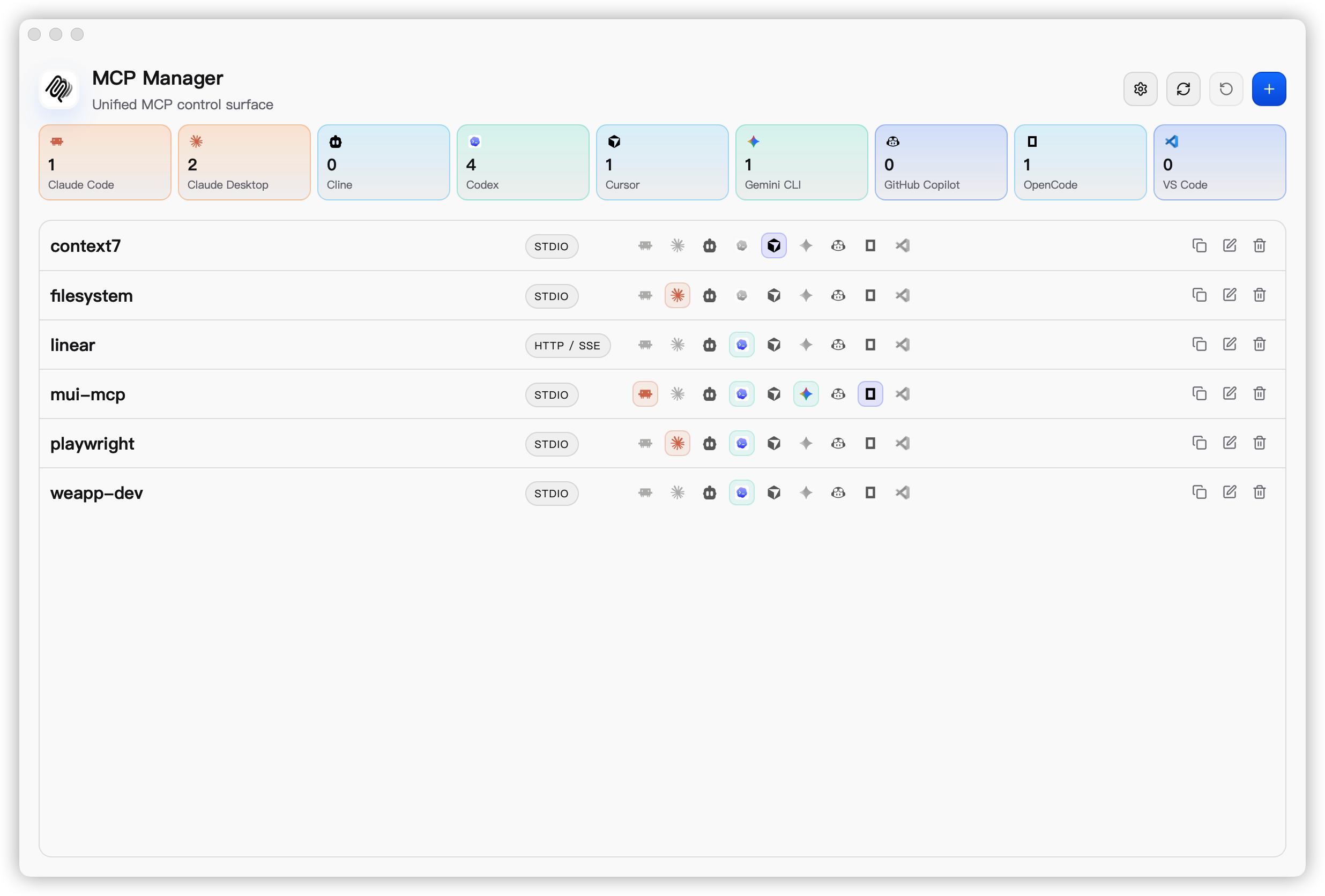 MCP Manager interface in English