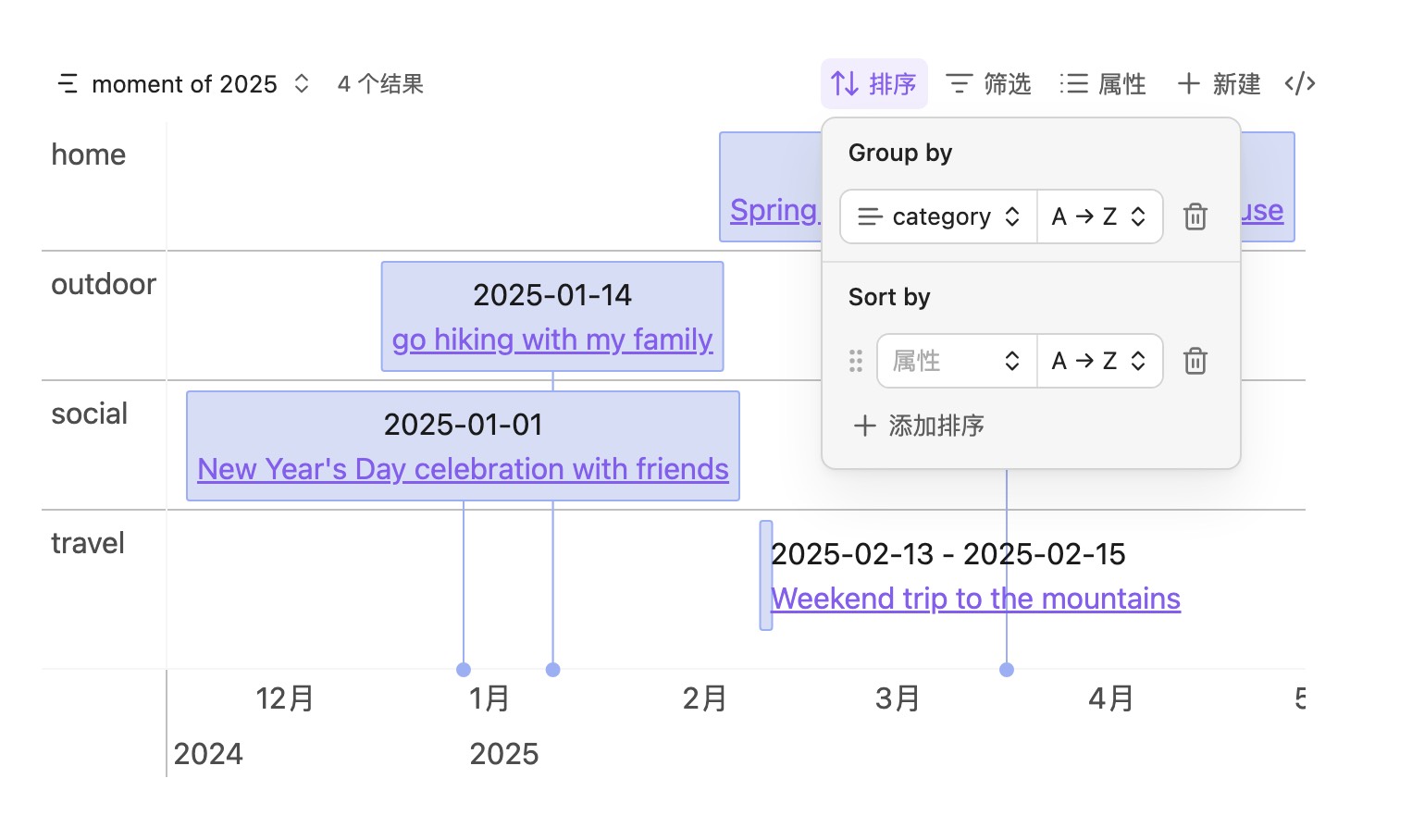 Bases Timeline View screenshot — Timeline items separated into groups