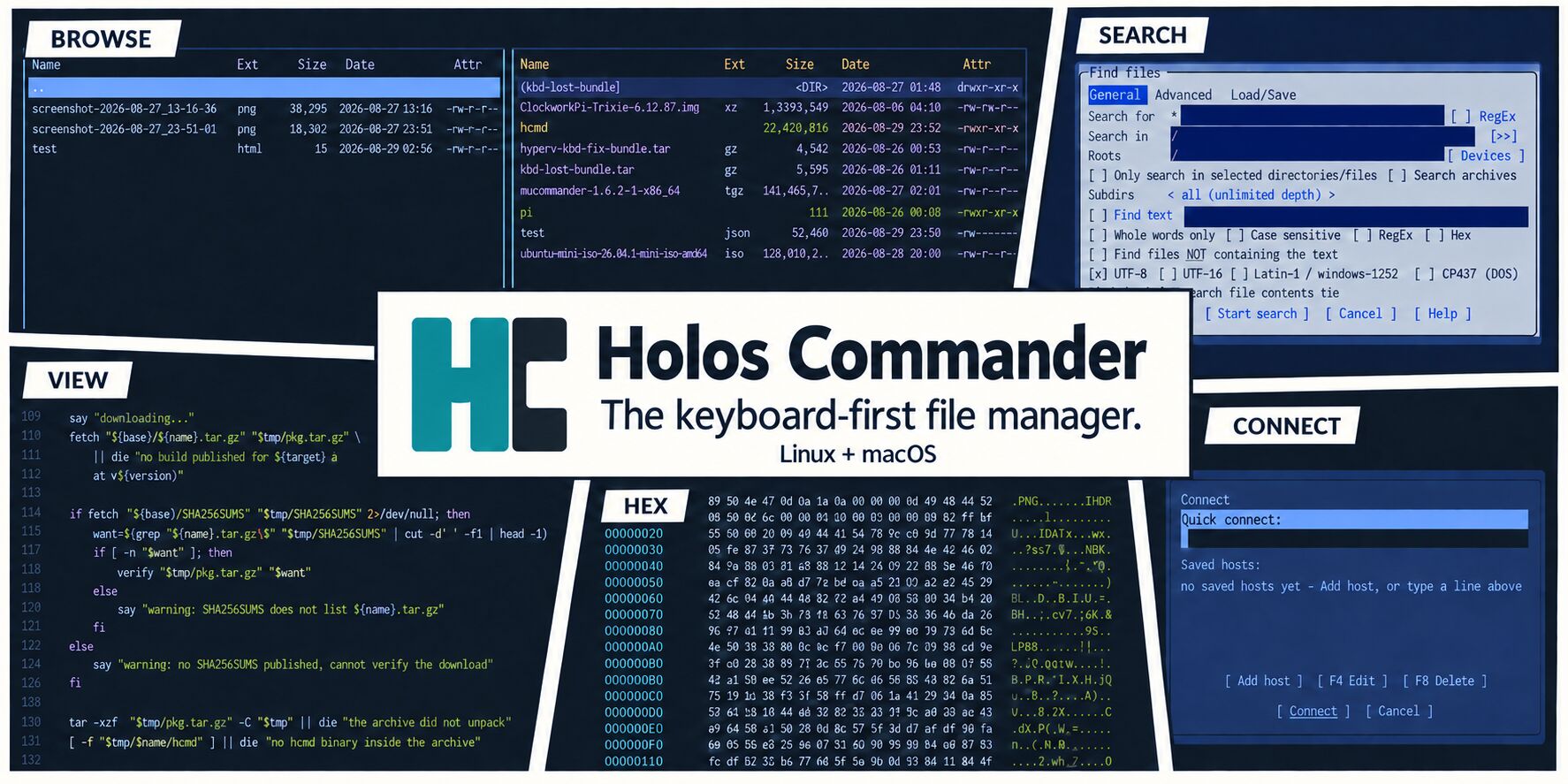 Holos Commander: browse, search, view, inspect hex and connect to remote hosts