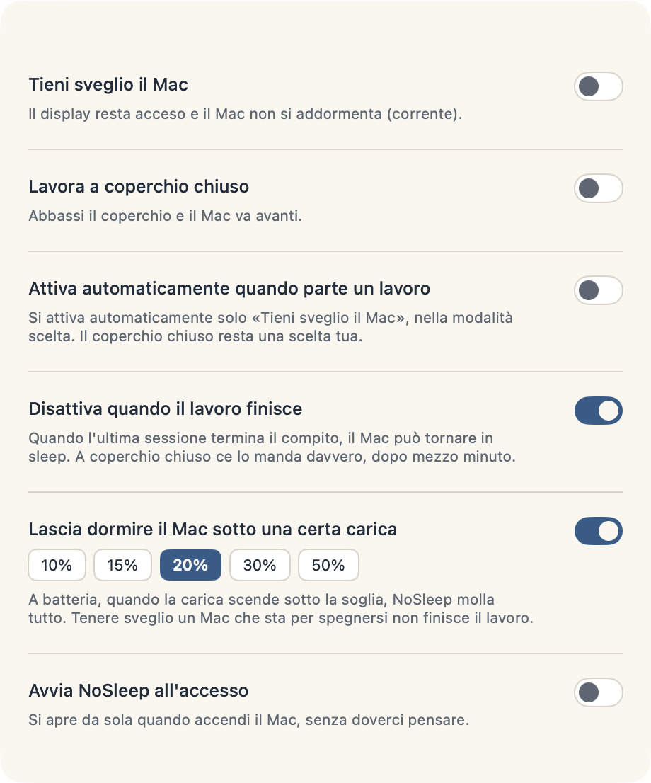 NoSleep preferences: the switches above, each with the sentence explaining what it does