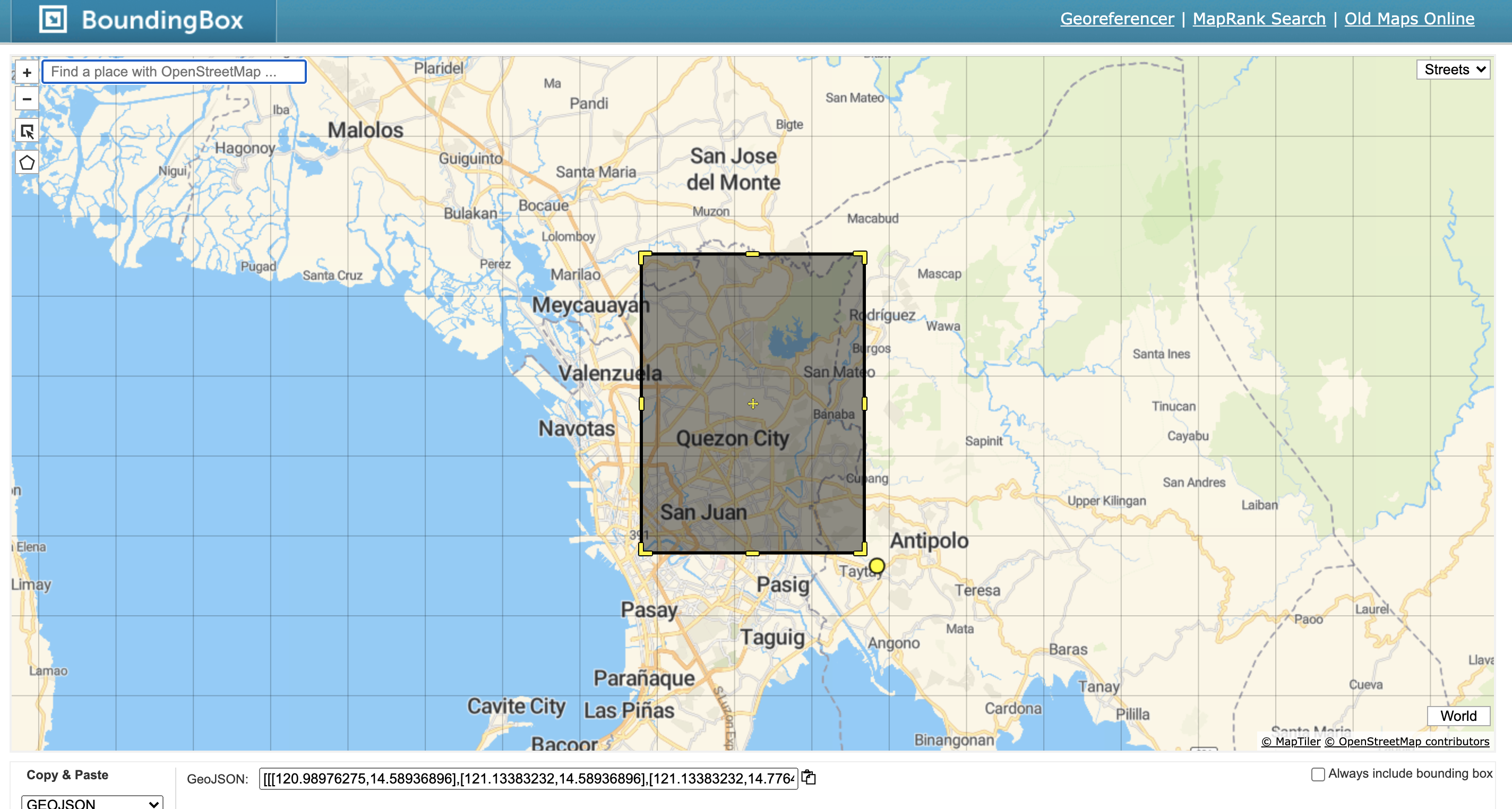 Bounding box example of Quezon City, Philippines