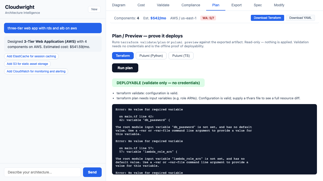 Plan tab: DEPLOYABLE verdict from terraform validate against the exported artifact