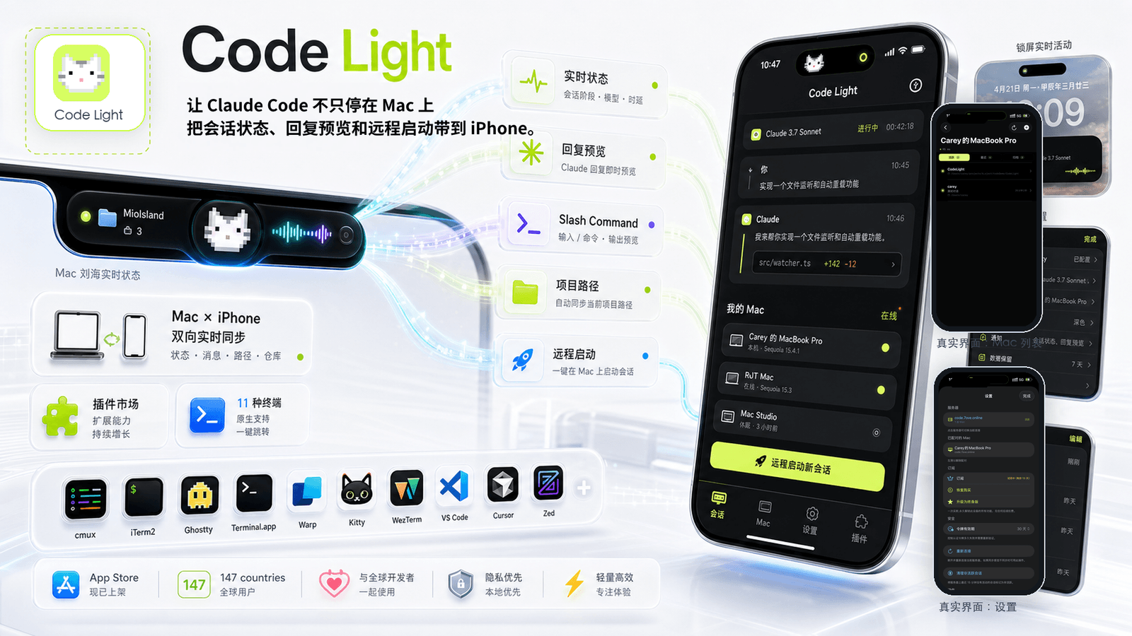 Code Light — 让 Claude Code 不只停在 Mac 上,把会话状态、回复预览和远程启动带到 iPhone · Mac × iPhone 双向实时同步 · 11 终端支持 · App Store 已上架 147 国