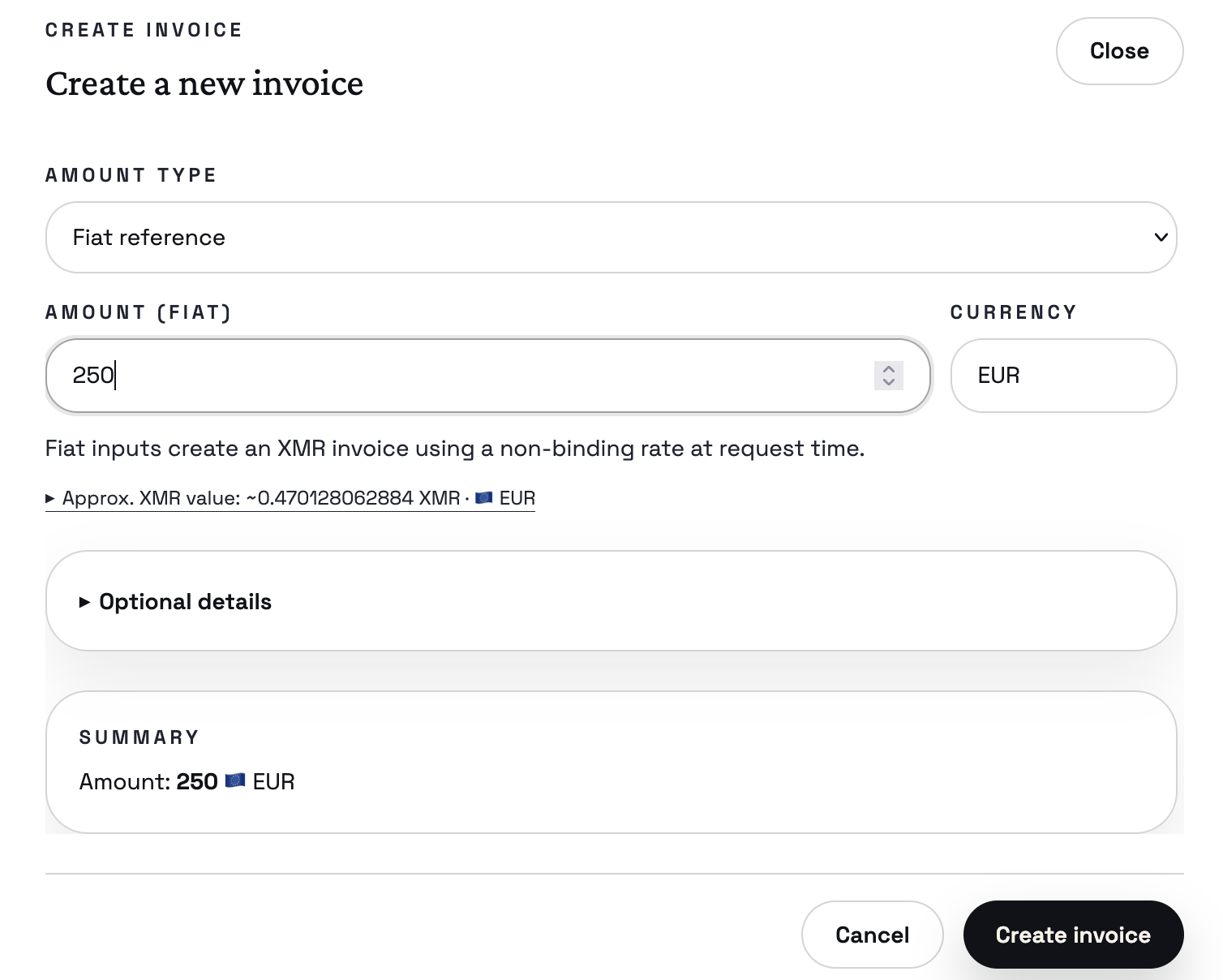 Create invoice dialog (fiat-denominated input, informational estimate)
