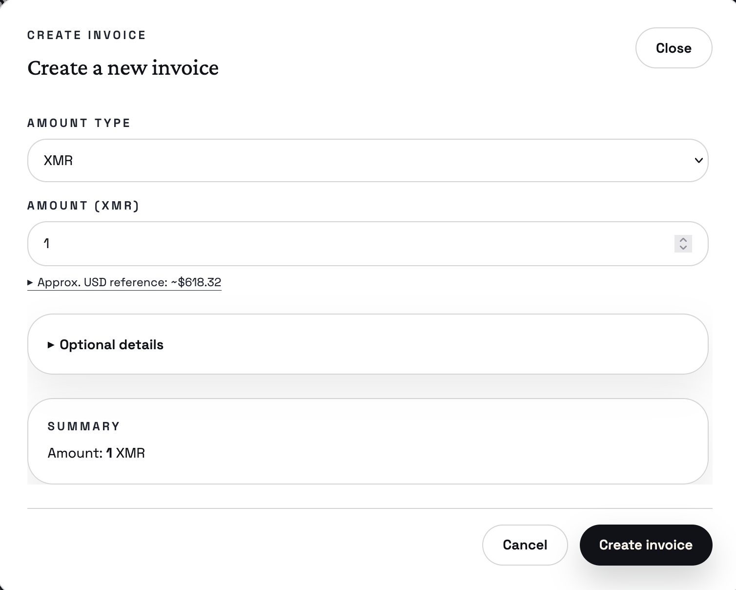 Create invoice dialog (XMR amount)