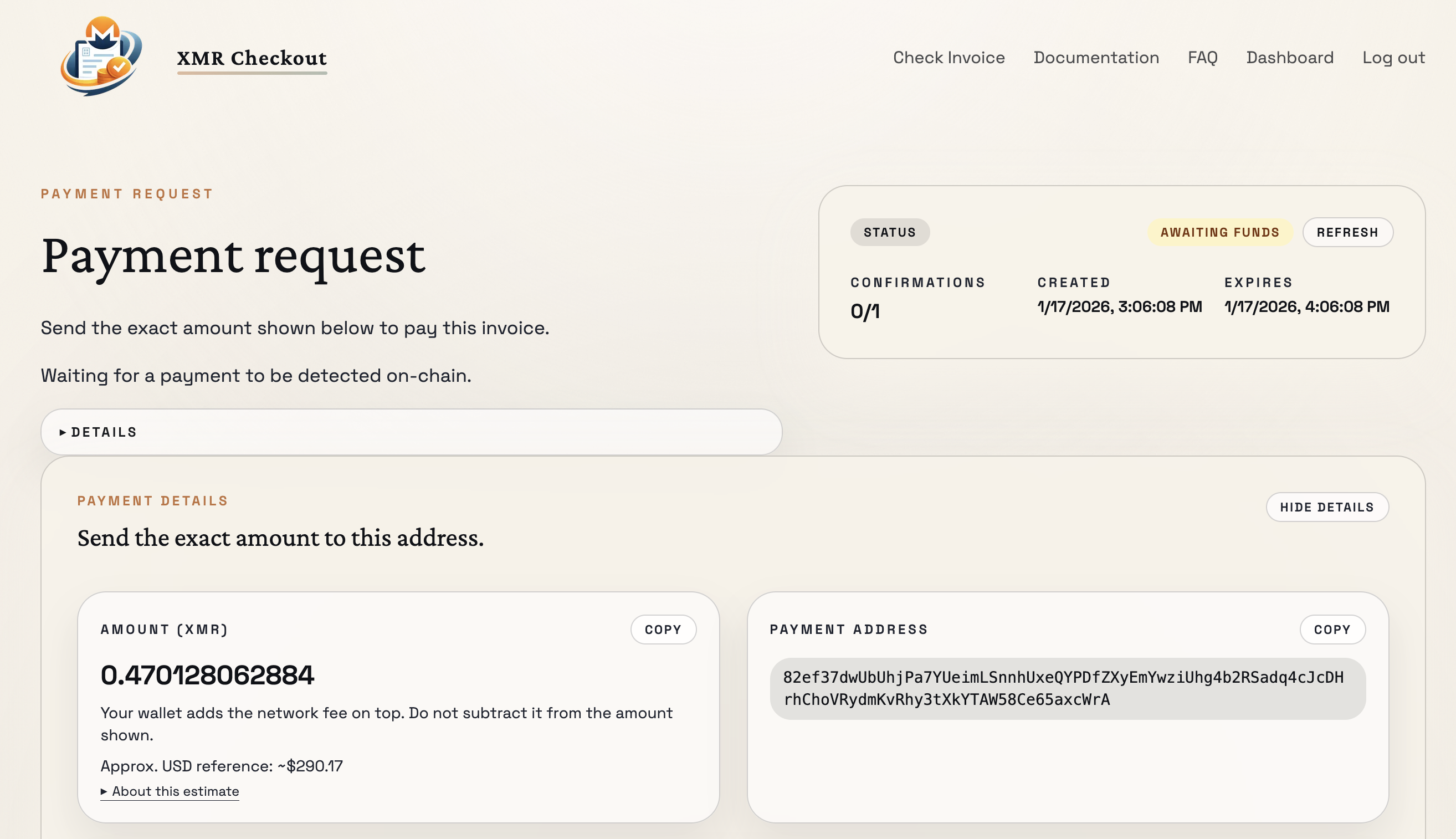 Public invoice page awaiting on-chain payment
