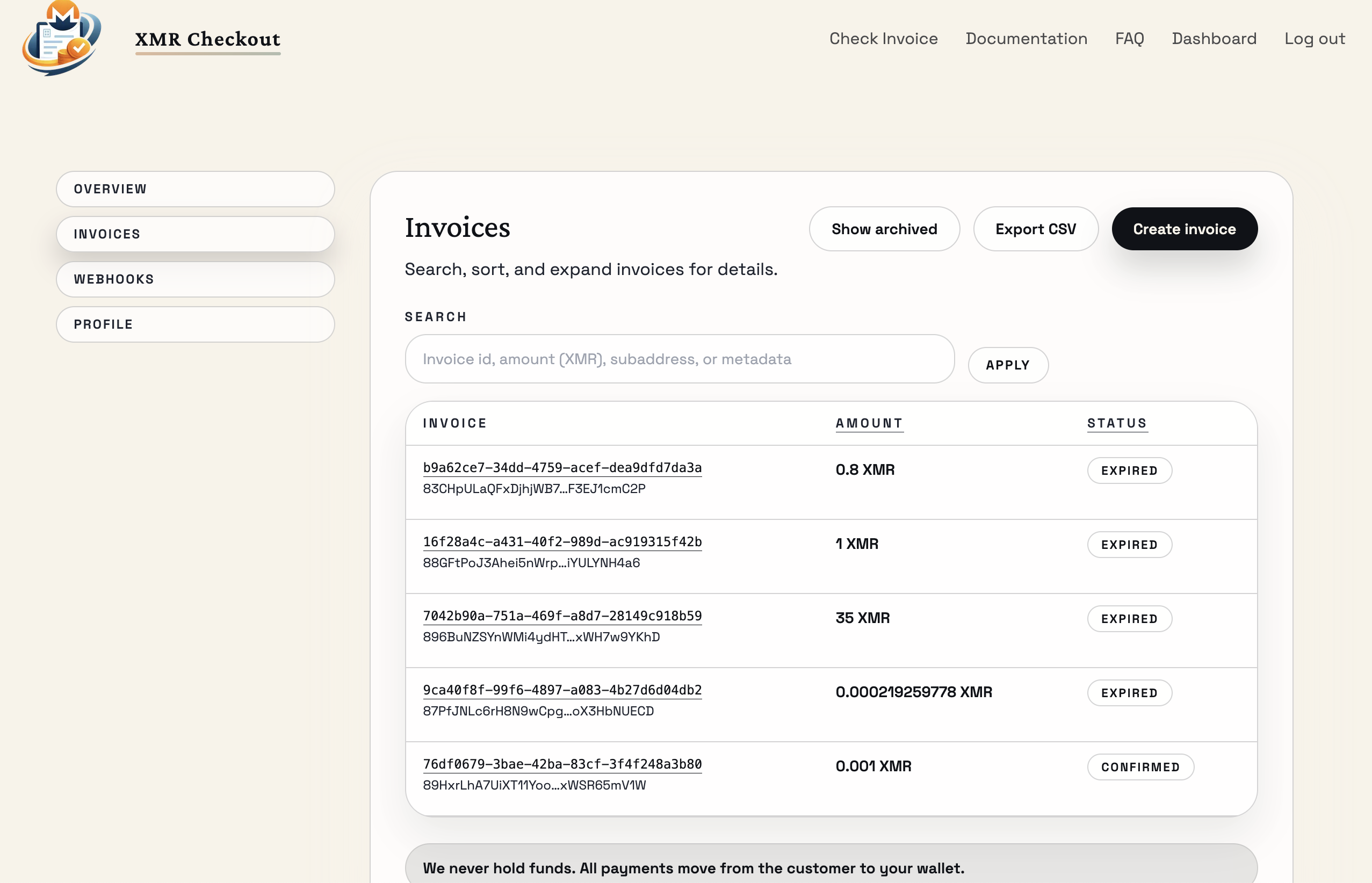 Invoice list and status