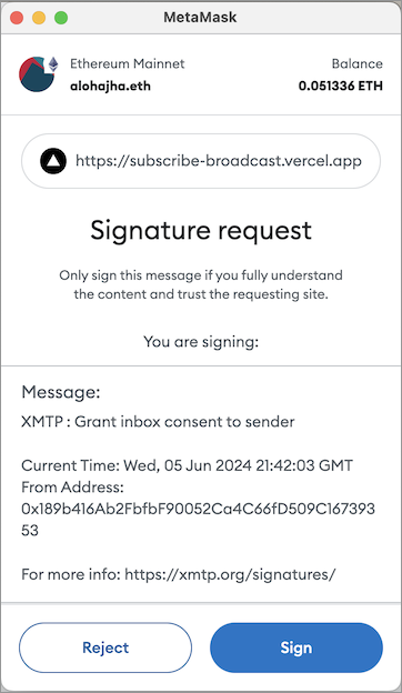 MetaMask wallet browser extension Signature request window showing an "XMTP: Grant inbox consent to sender" message