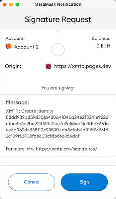 MetaMask wallet browser extension Signature Request window showing an "XMTP: Create Identity" message