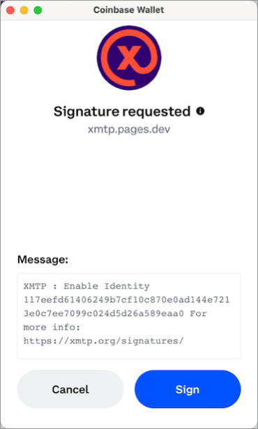 Coinbase browser extension Signature requested window showing an "XMTP: Enable Identity" message