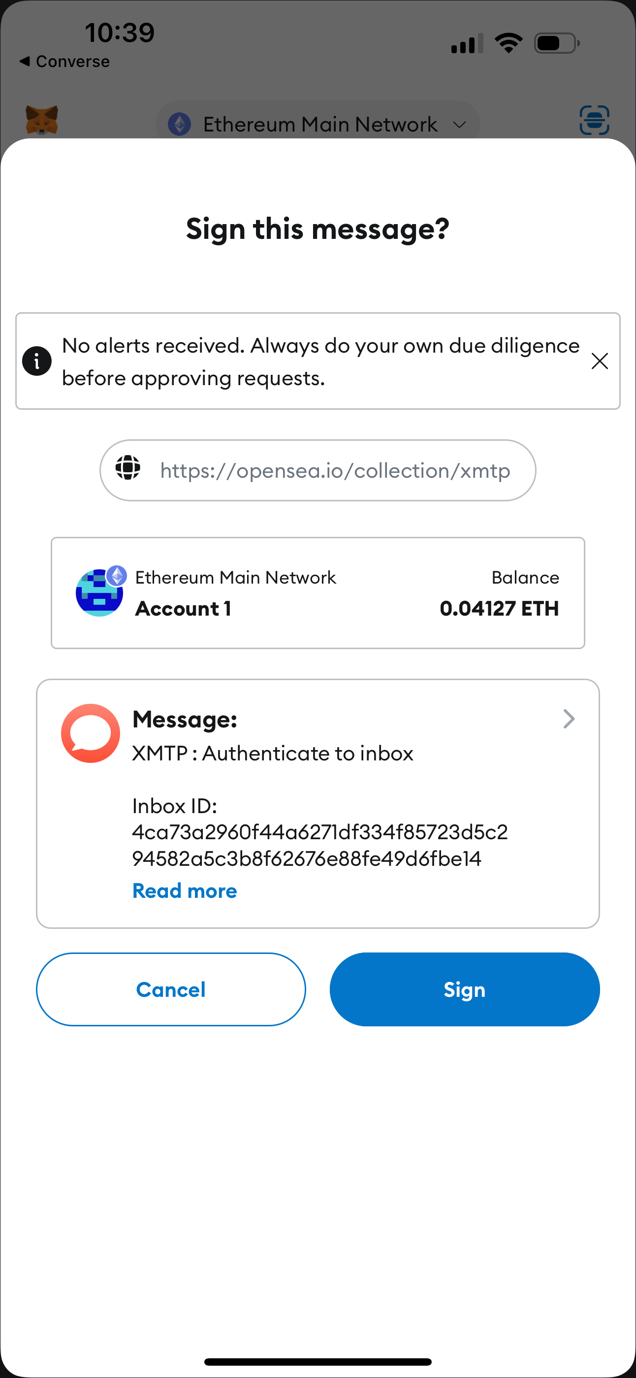 MetaMask wallet browser extension Sign this message? window showing an XMTP: Authenticate to inbox message