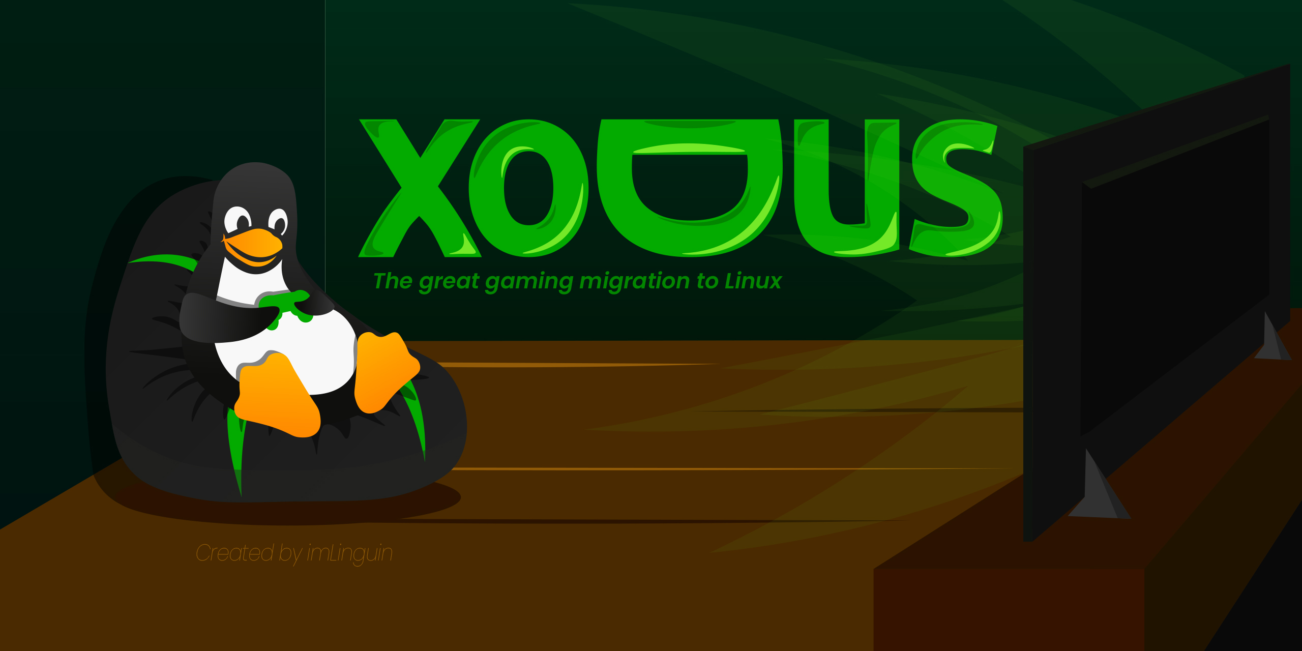 Tux holding a green controller beside the Xodus logo in the official project artwork