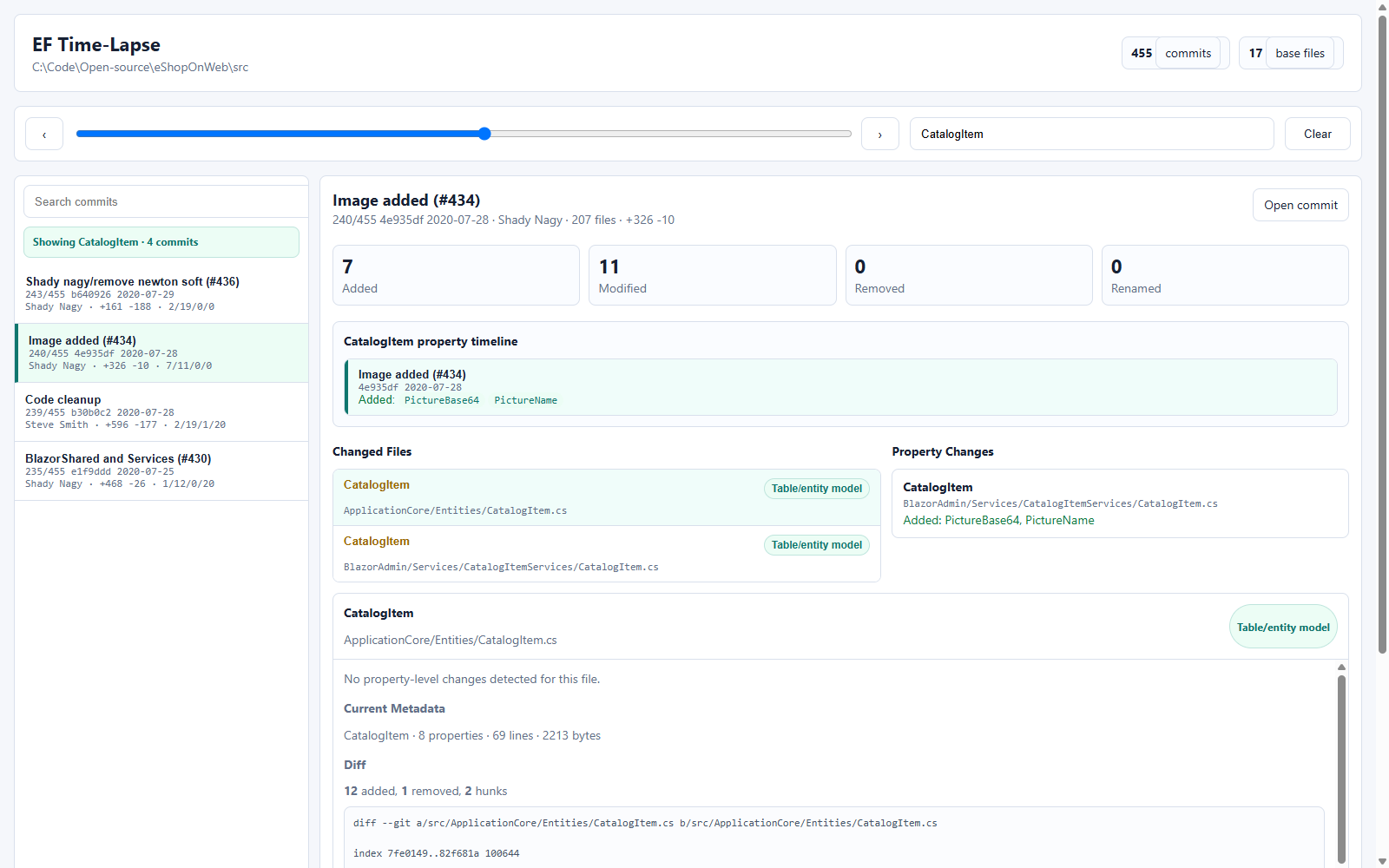 Property timeline for a searched entity
