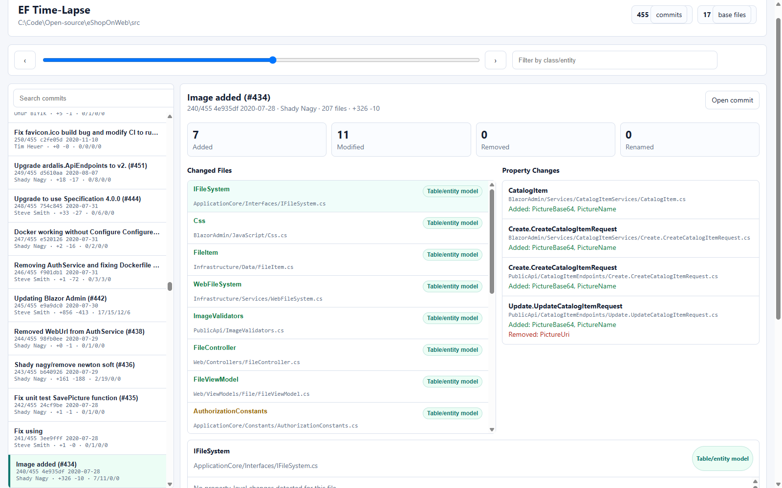 Git mode: commit timeline and diff view
