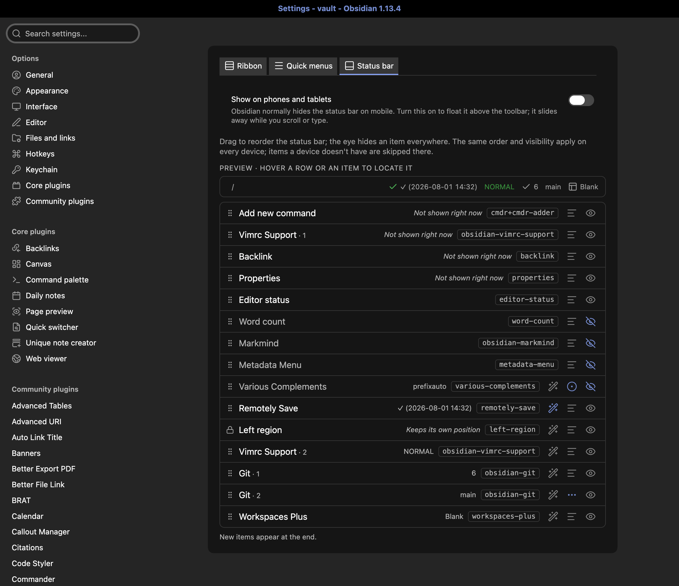 Status bar tab