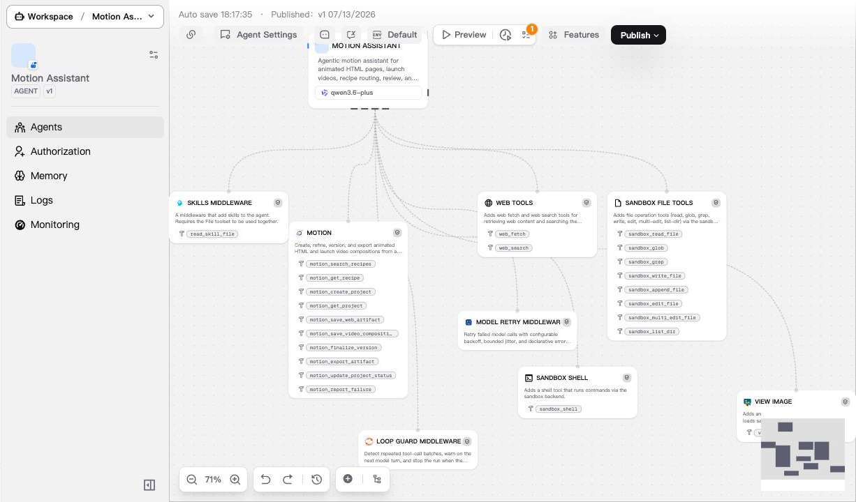 Motion Assistant in Agent Studio with tools and middleware connected to one agent