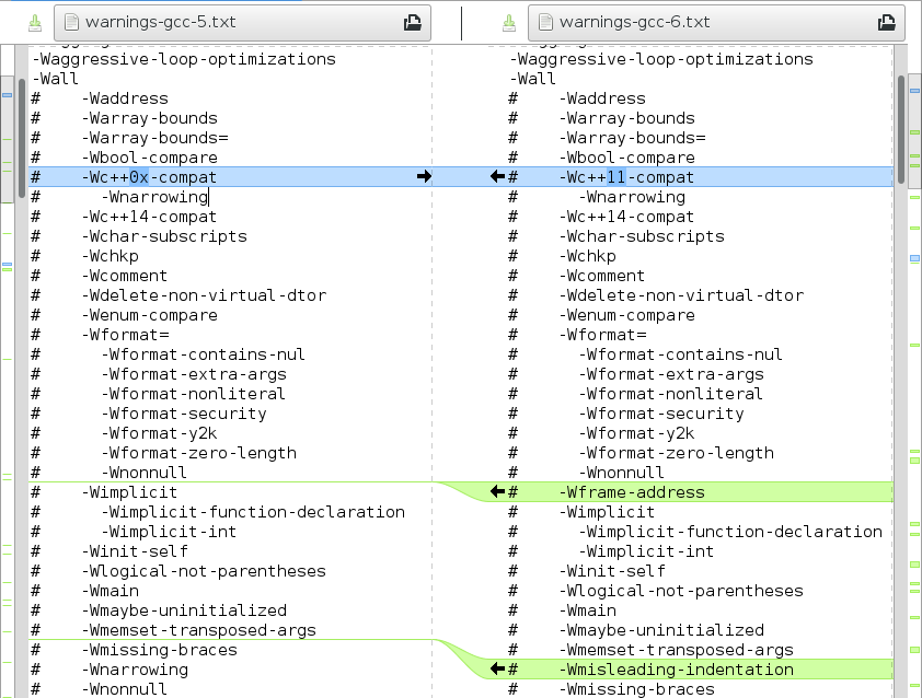 Some GCC 5 and 6 -Wall differences shown with meld