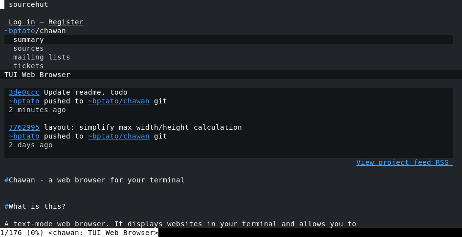 Screenshot of Chawan displaying its SourceHut page