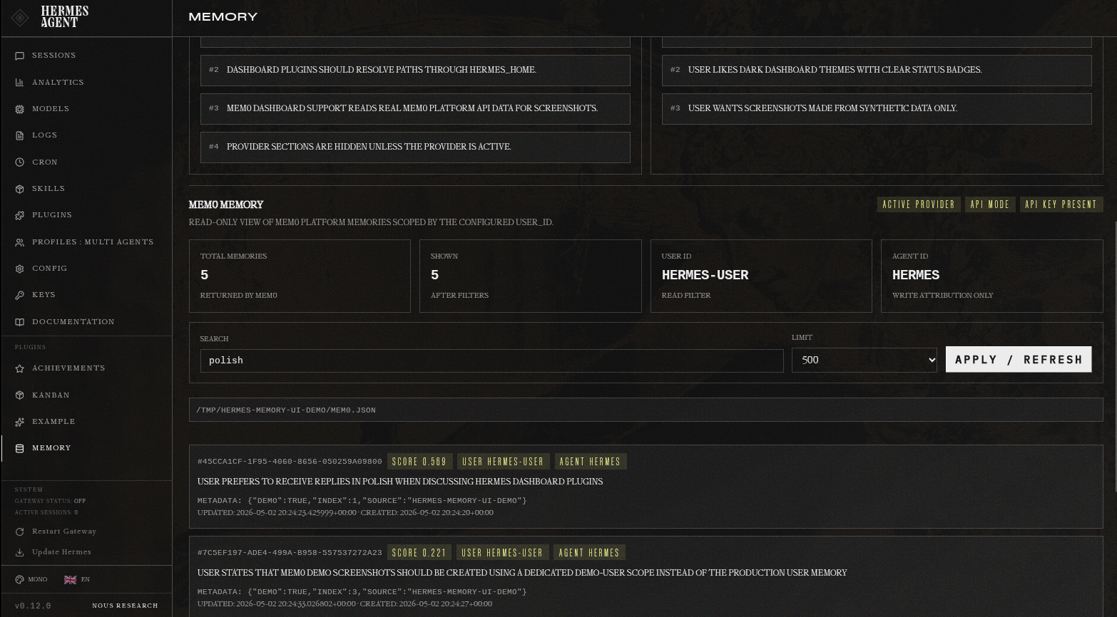 Hermes Memory UI Mem0 memory view