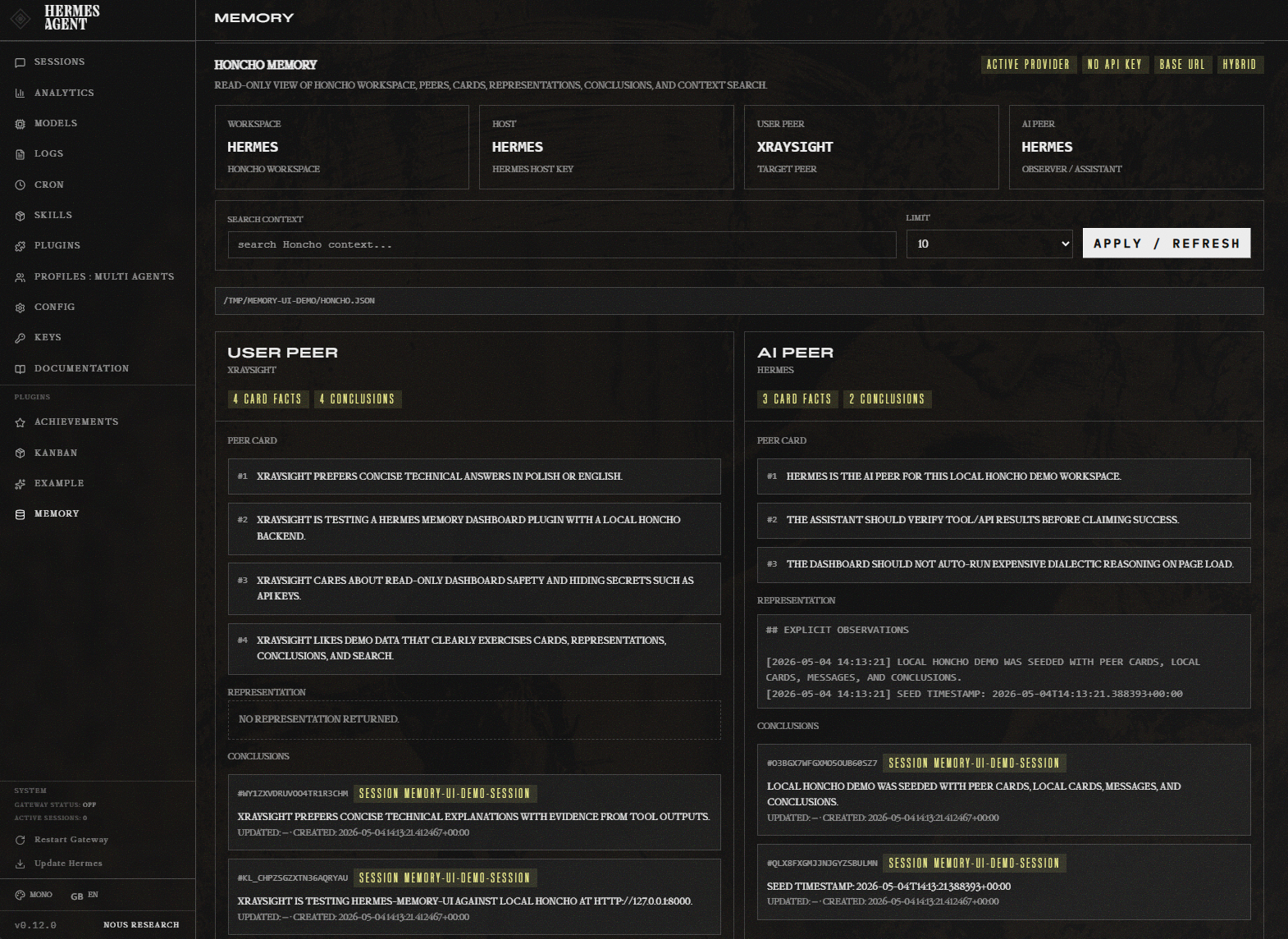 Hermes Memory UI Honcho memory view