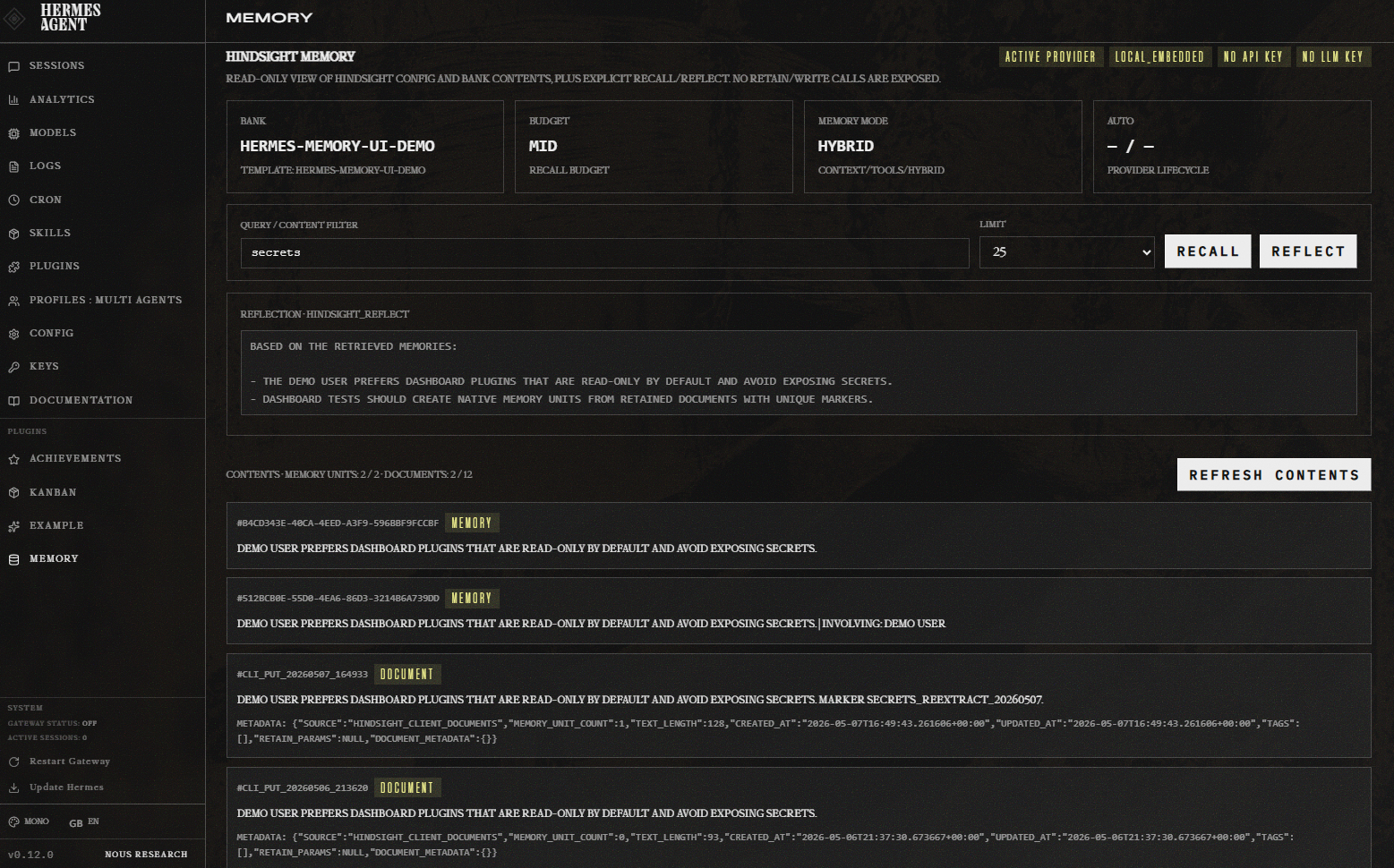 Hermes Memory UI Hindsight memory view