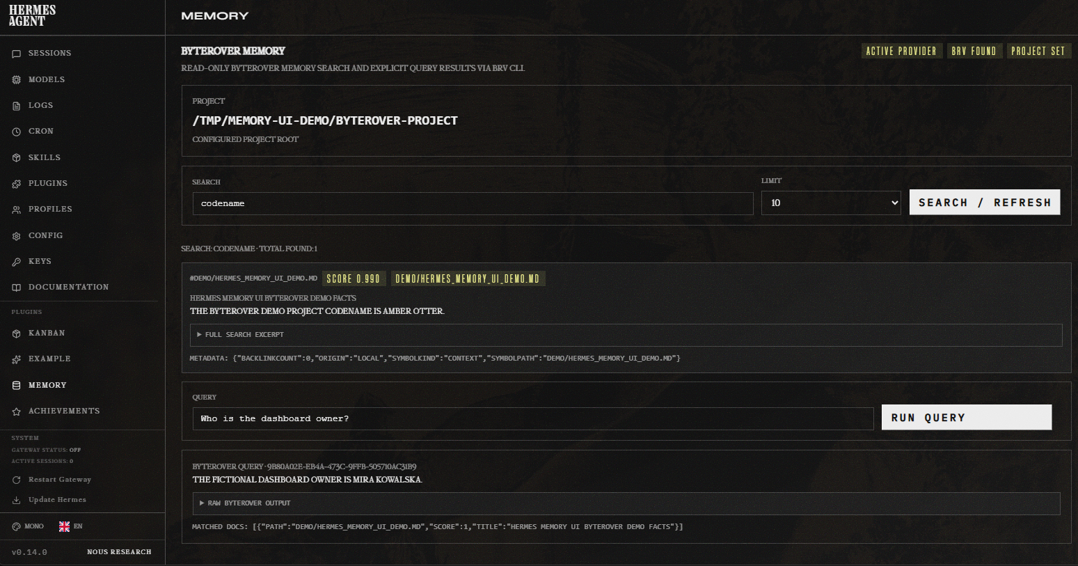Hermes Memory UI Byterover memory view
