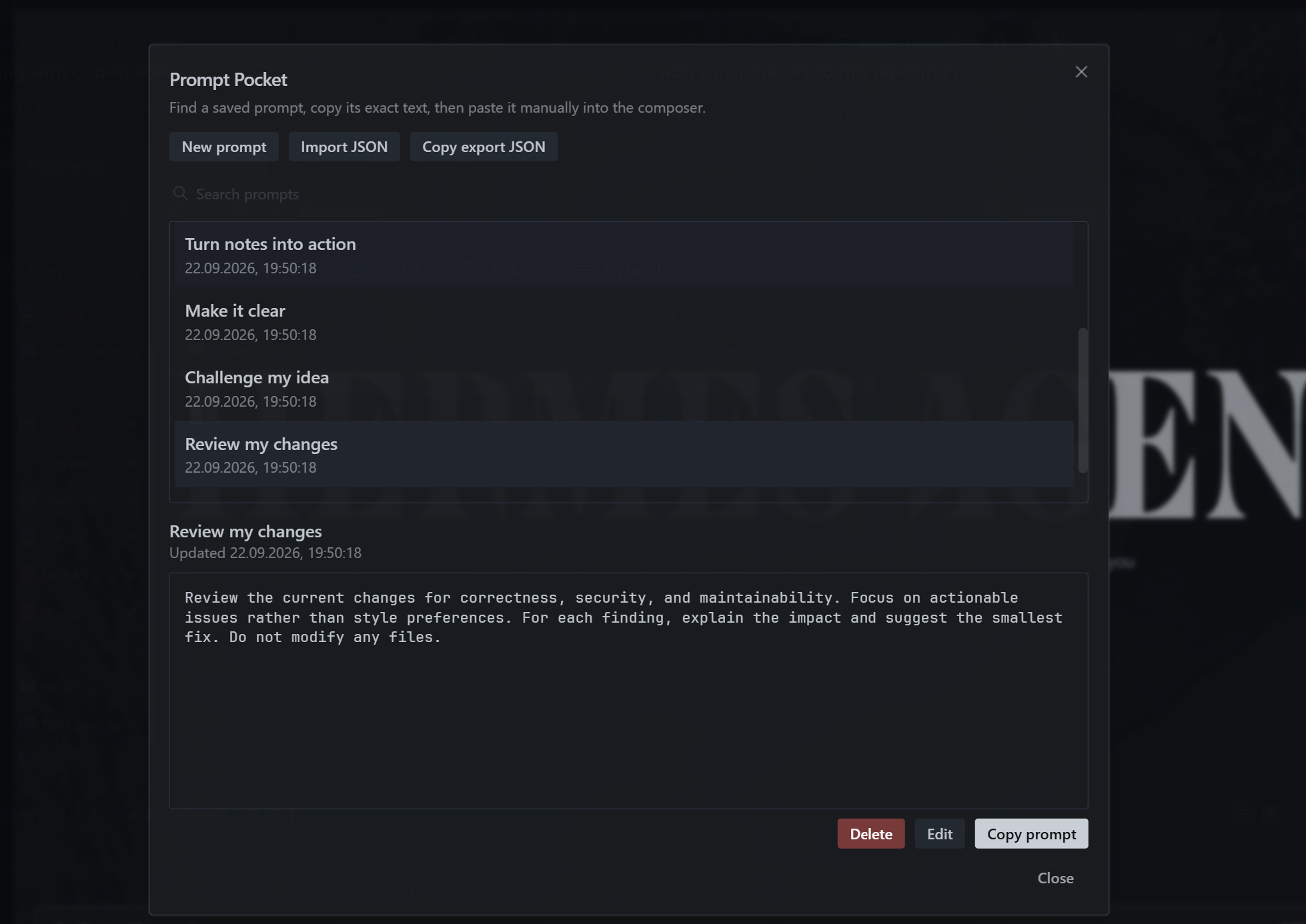 Prompt Pocket library with saved prompts and a selected prompt ready to copy