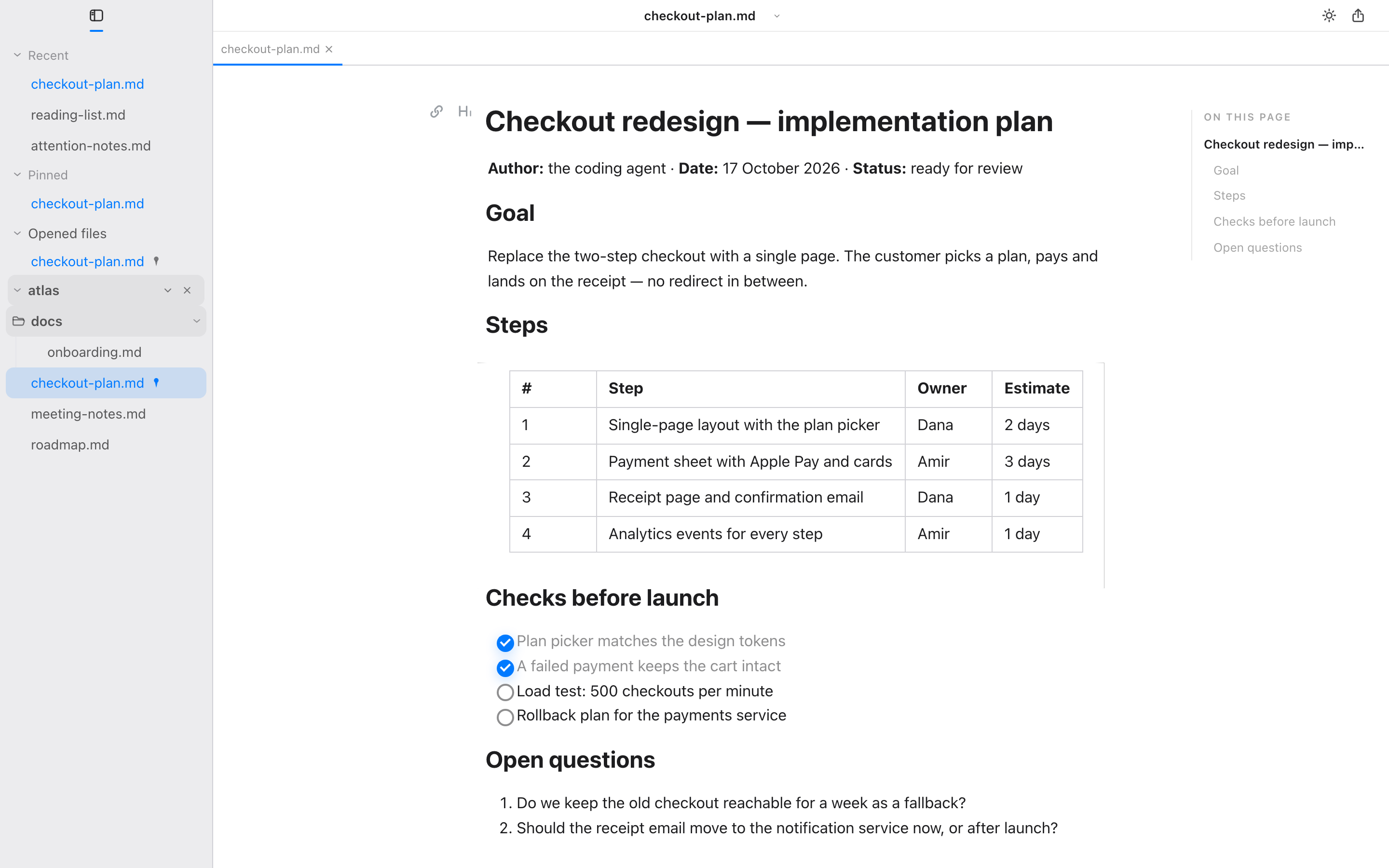 A plan document beside the folder tree, with Recent, Pinned and the page outline