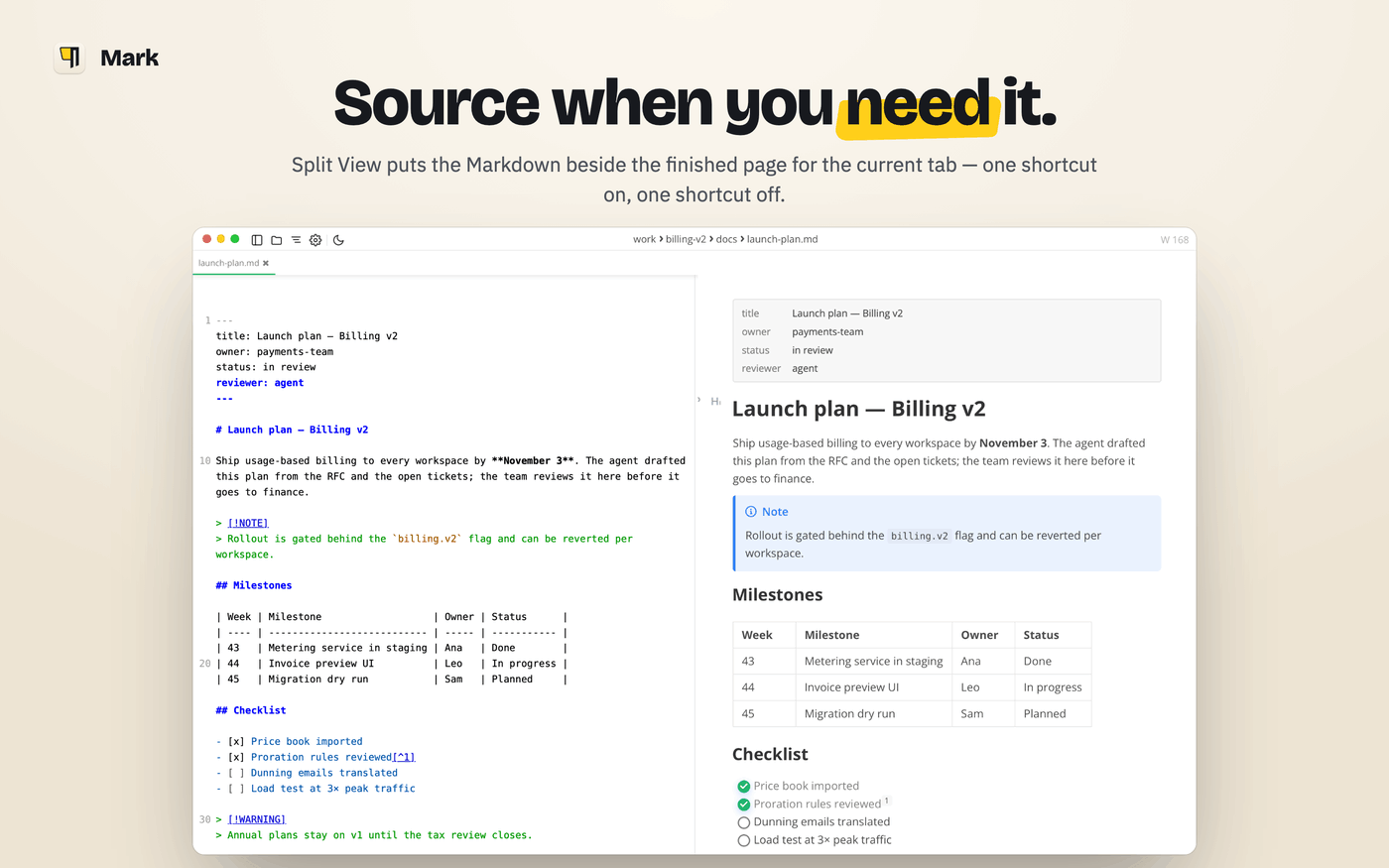 Split View with Markdown source on the left and the rendered page on the right