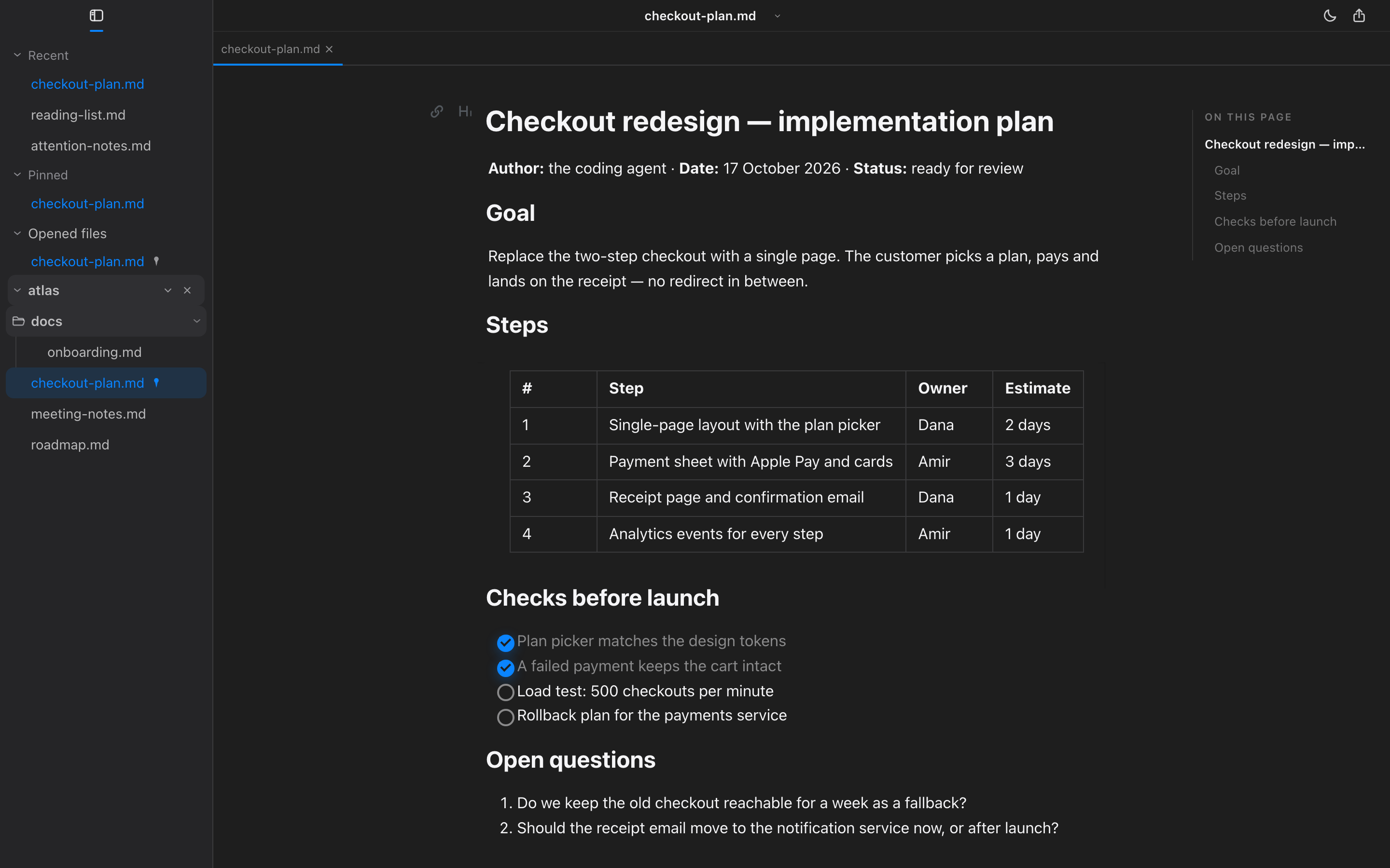 The same plan document in the macOS dark theme