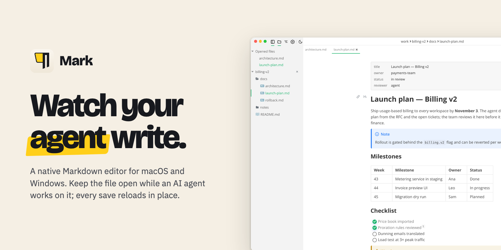 Mark: Watch your agent write. A native Markdown editor for macOS and Windows.