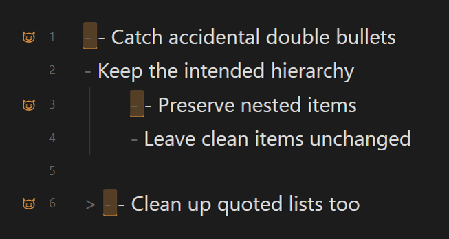 Duplicate list markers highlighted by Gremlins