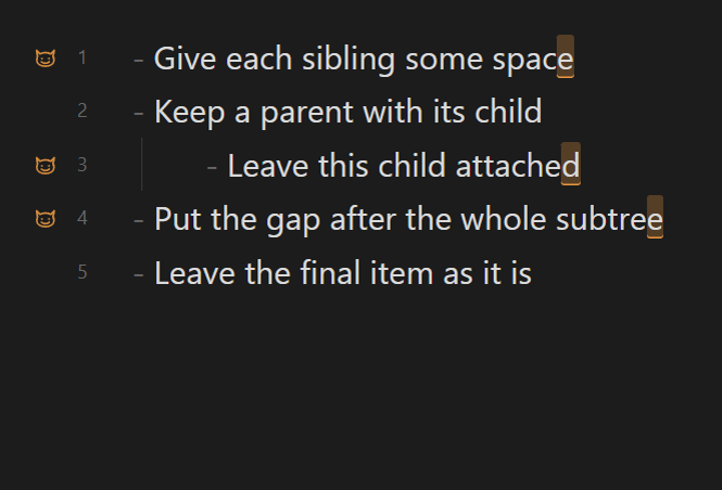 Missing blank lines highlighted between siblings and after a nested subtree