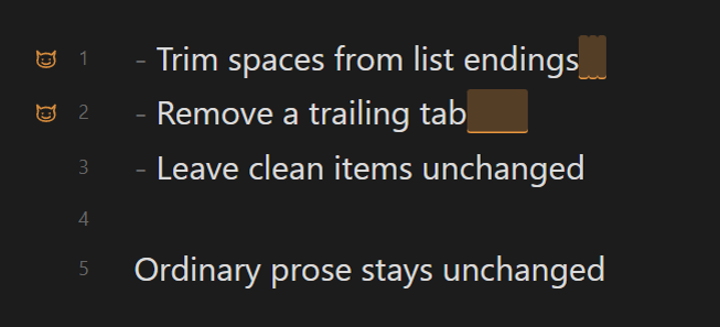 Trailing spaces and a tab highlighted at list-item endings