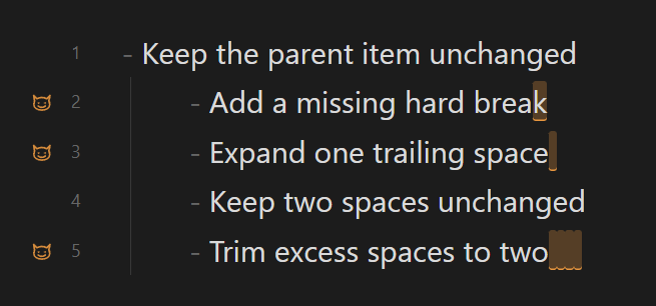 Missing, short, and excessive hard-break spacing highlighted
