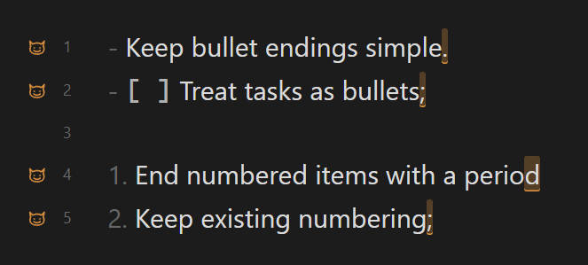 Bullet, task, and numbered list punctuation highlighted