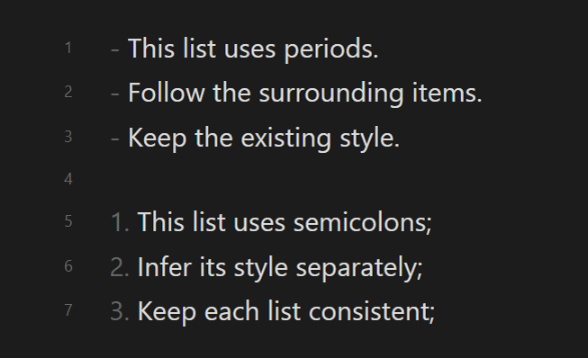 Each list matched to its own punctuation style