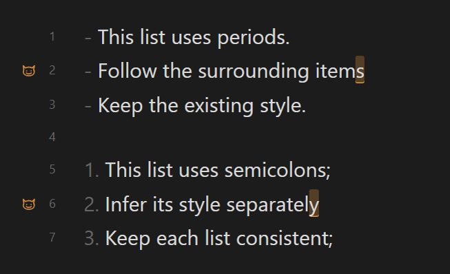 Inconsistent punctuation highlighted within two lists