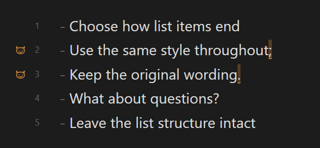Unwanted terminal periods and semicolons highlighted