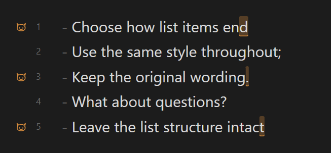 Missing or mismatched semicolons highlighted